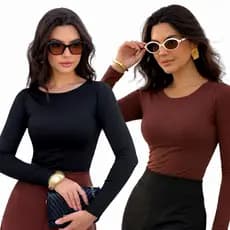 Kit 2 Blusas Manga Longa Feminina Tecido Suplex Lisa Alta Qualidade Inverno 2026