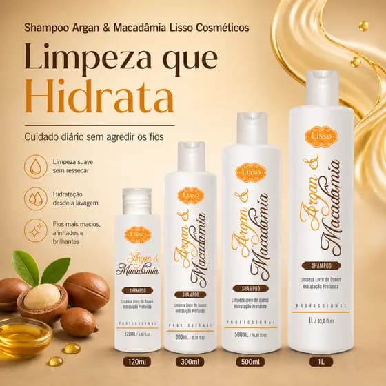 Shampoo de Argan e Macadâmia Limpeza Livre de Danos Lisso Cosméticos