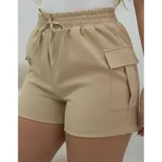 Shorts Feminino Alfaiataria Cintura Alta Bolso Cargo Elegante Luxo Casual Leve Moderno Soltinho