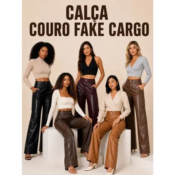 Calça Pantalona Cintura Alta Couro Fake Bolso Cargo Zíper Estilo Casual Elegante Despojado