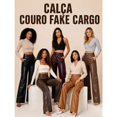 Calça Pantalona Cintura Alta Couro Fake Bolso Cargo Zíper Estilo Casual Elegante Despojado