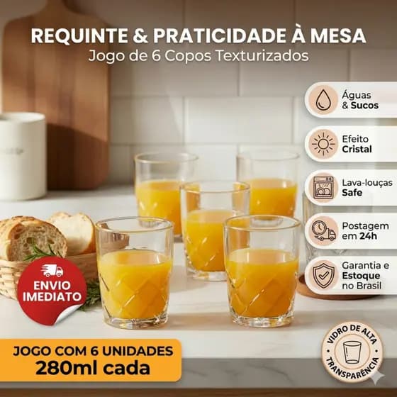 Conjunto 6 Copos Vidro Transparente Capacidade 280 ml Design Moderno Resistentes