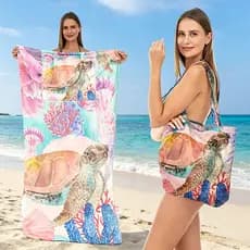 Toalha de praia dois em um, bolsa multifuncional dobrável para armazenamento de toalhas de praia, bolsa de ombro, toalha