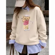 Moletom Feminino Algodão Flanelado Sem Capuz Urso Bear Golfe Blusa De Frio Tendência Casual Blogueira  envio imediato
