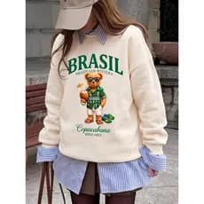 Moletom Feminino Urso Brasil Oficial Teddy Algodão Macio Confortável Tendência Inverno 2026