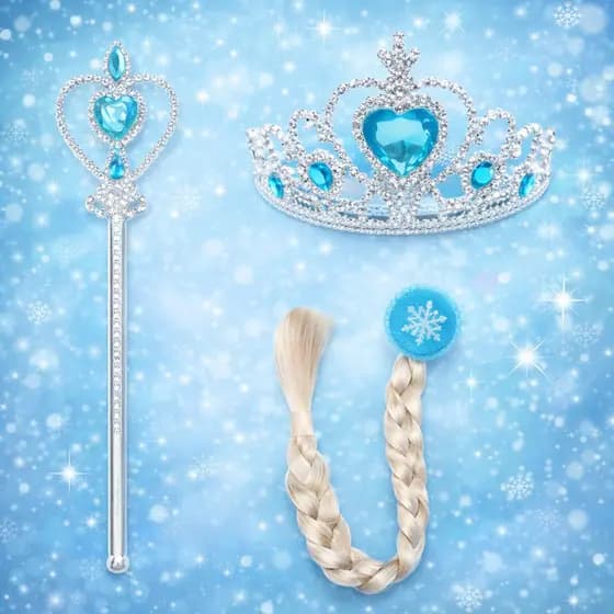 Kit Fantasia Frozen Elsa  Com Acessórios Trança Varinha Coroa Luxo Menina