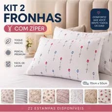 Kit 2 Fronhas Algodao 70x50 com Zíper Porta Travesseiro Estampadas Toque Macio Casal Solteiro