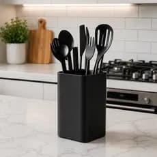 PORTA UTENSÍLIOS ORGANIZADOR DE COZINHA PARA BANCADA 9X9X15CM MODERNO PRETO, BRANCO  COM BELO DESIGN