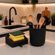 Kit Organizador Porta Utensílios e Porta Esponja com Drenagem Automática Cozinha Moderna Premium