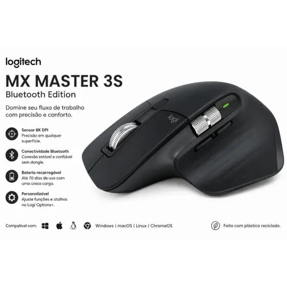 Mouse sem fio Logitech Mx Master 3s Bluetooth Edition - Grafite