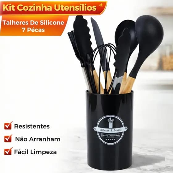 Kit Cozinha Silicone 7 Peças Cabo Madeira Premium Antiaderente Resistente Completo