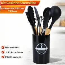 Kit Cozinha Silicone 7 Peças Cabo Madeira Premium Antiaderente Resistente Completo