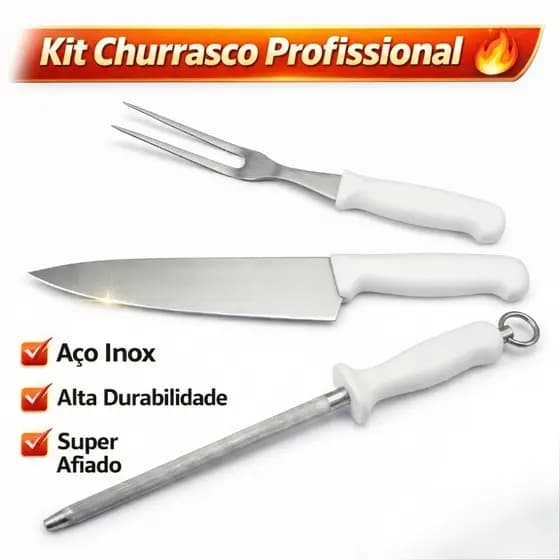 Kit Churrasco 3 Peças Inox Faca Garfo Chaira Profissional Resistente