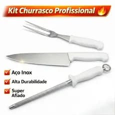Kit Churrasco 3 Peças Inox Faca Garfo Chaira Profissional Resistente