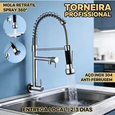Torneira de Cozinha Embutida na Parede com Mola Retrátil Cromado Duas Saídas Independentes 360° Válvula Cerâmica