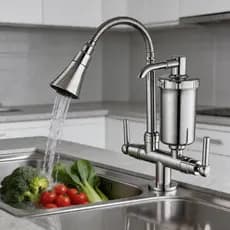 Torneira de Cozinha de Bancada com Filtro Integrado, Mangueira Flexível 360°, Saída Dupla Independente