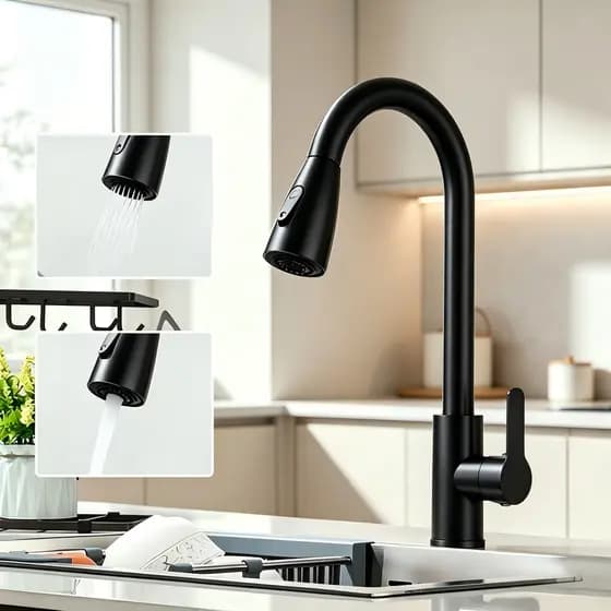 Torneira de Cozinha Preta Fosca Retrátil em Aço Inox 304, Bico Extensível com Duas Funções de Jato, Torneira Pia Resiste