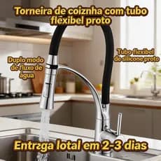 Torneira de Cozinha com Tubo Flexível Preto, Bico Retrátil 360°, Duplo Modo de Água, Acabamento Cromado Resistente