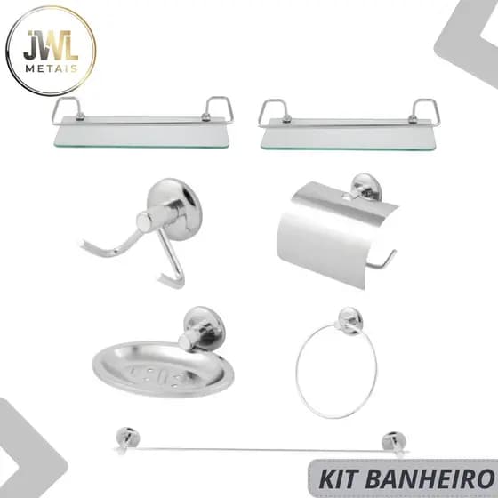 Kit Acessórios Para Banheiro Inox  + 2 Porta Shampoo Reto Vidro