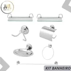 Kit Acessórios Para Banheiro Inox  + 2 Porta Shampoo Reto Vidro