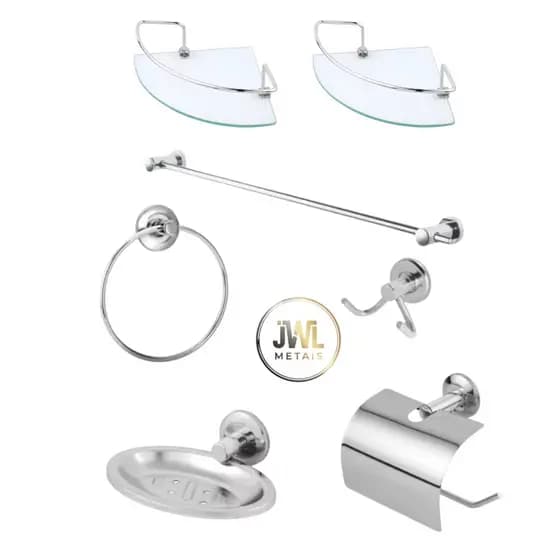 Kit Acessórios Para Banheiro Inox + 2 Porta Shampoo Canto Vidro