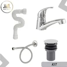 Kit Torneira Monoup Cromada ABS  Banheiro Lavatório Valvula Clic Abs Sifão Flexível
