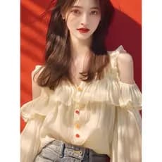 Damasco babados Chiffon camisa feminina primavera francês fora do ombro Design sentir Super bonito camisa pequena manga