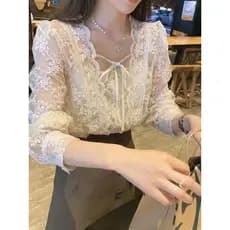 Flor bordado camisa de renda de manga comprida feminina primavera estilo francês elegante pescoço quadrado clavícula esq