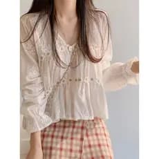 2026 primavera verão versão coreana estilo suave renda com decote em v tridimensional flor camisa curta doce pequeno fre