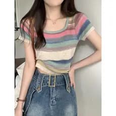 Verão arco-íris listras fino-ajuste malhas de seda gelo feminino manga curta pescoço quadrado Design nicho ombro Formal
