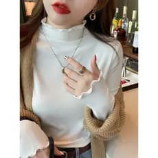 Camisa de fundo branca feminina outono inverno 2025 novo estilo meia gola alta interior estilo fino fungo borda malha ma