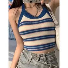 Estilo francês máquina cuidadosa listrado curto recortado Halterneck malha pequeno colete feminino volta arco atado cami