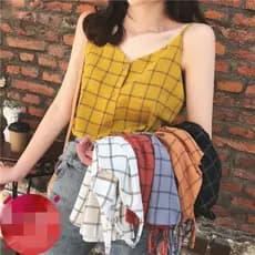 Tamanho grande gordura mm Chiffon xadrez pequena camisola feminina verão exterior usar solto sem mangas terno de fundo i
