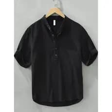 High-End estilo Designer 100% linho puro camisa de manga curta masculina gola alta manga três quartos algodão linho topo