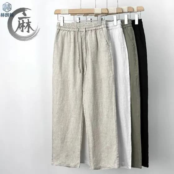 Calças de linho de alta qualidade masculinas verão fino calças de linho puro calças casuais soltas calças de perna larga