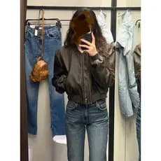 SUMU Su Mu · Jaqueta Bomber retrô estilo motocicleta, jaqueta de couro com gola alta, jaqueta curta feminina outono43417