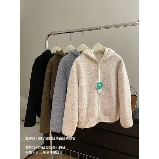 SUMU · Outono inverno jaqueta de lã de cordeiro feminina curta de lã com zíper Top cardigã de lã com capuz