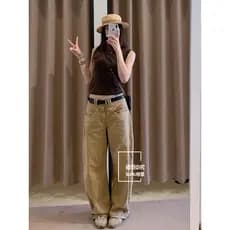 SUMU Su Mu · Americano Casual estilo registro cintura baixa Jeans solto macacão de perna larga feminino8197215