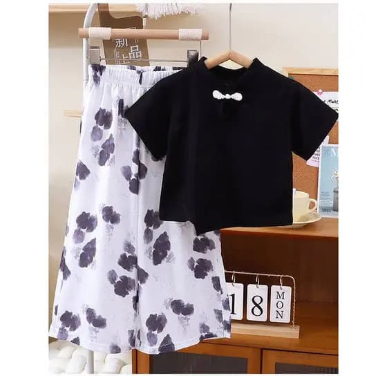 Meninas verão estilo chinês disco botão terno médio grande crianças estilo verão Hanfu crianças meia manga camiseta calç