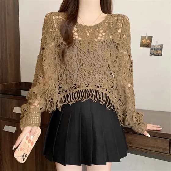 Estilo étnico oco crochê borla solta camisola de manga comprida feminina outono Design moda curto em camadas topo