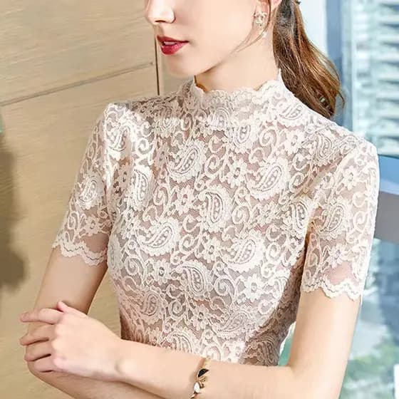 Renda de manga curta topo feminino verão moda pequena gola alta oco estilo fino gaze renda interna meia gola alta camisa
