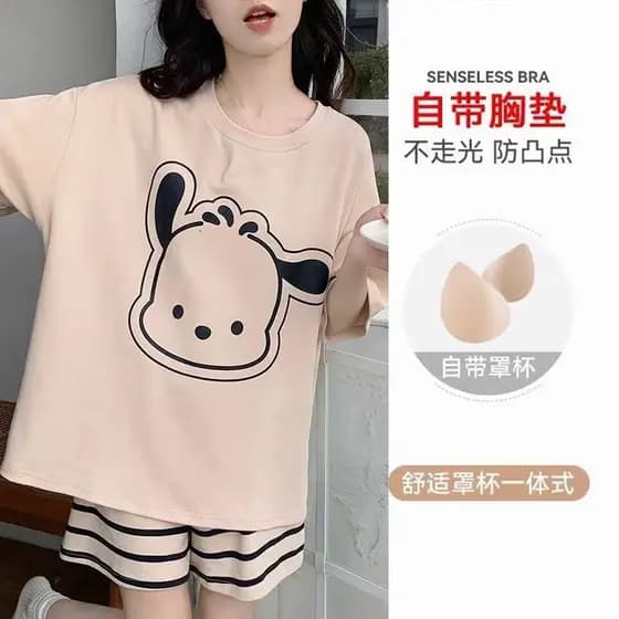 Pijamas femininos 2025 novo estilo verão com almofadas no peito algodão puro manga curta bonito senhoras influenciador P