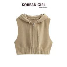 Retro com capuz colete de malha Cardigan feminino início da primavera novo estilo curto exterior usar sem mangas camisol