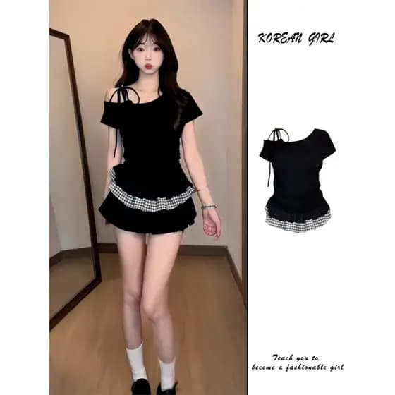 Menina quente Bowknot ombro inclinado manga curta camiseta feminina verão estilo coreano falso de duas peças xadrez rend