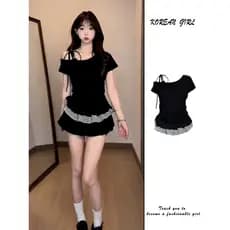 Menina quente Bowknot ombro inclinado manga curta camiseta feminina verão estilo coreano falso de duas peças xadrez rend