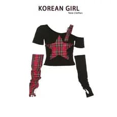 Y2k quente menina xadrez estrela fora do ombro de manga curta camiseta feminina outono Yabi Design estilo curto com mang