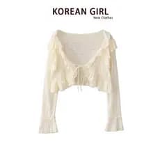 Estilo suave francês babados roupas de proteção solar Cardigan jaqueta feminina outono fino xale blusa exterior renda to