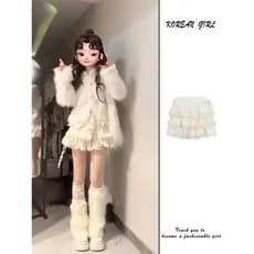 Doce cremoso amarelo saia feminina outono inverno Design Jacquard renda borda bolo saia cintura alta saia curta fofa