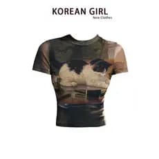 Retro quente menina gatinho impresso ombro genuíno camiseta feminina verão cintura estreita estiramento meia gola alta m