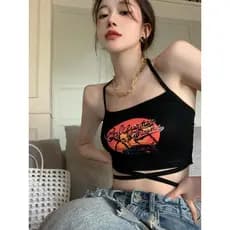 Kumikumi preto Halter pescoço estilingue feminino Design sentido rendas impresso colete verão exterior usar curto tubo t